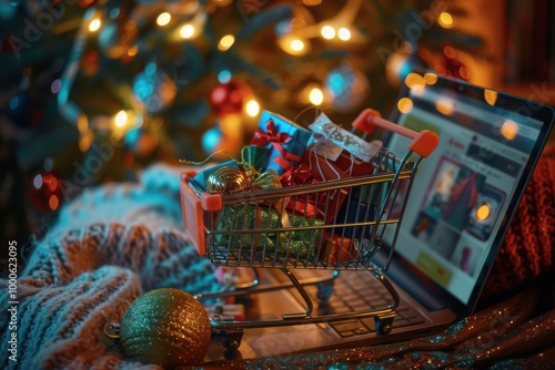 Cyber Monday Shopping Cart Overflowing with Clothes, Gadgets, and Toys in Warm Holiday Setting photo