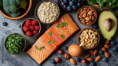 Healthy assorted food with salmon, fruits, nuts, and vegetables generated with AI