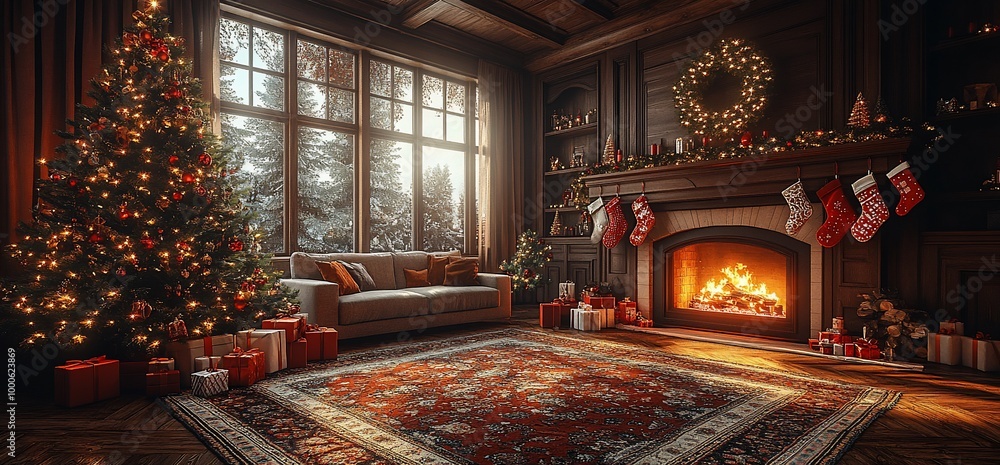 Cozy living room with a decorated Christmas tree, fireplace, and presents. Cozy living room with a decorated Christmas tree, fireplace, and presents.