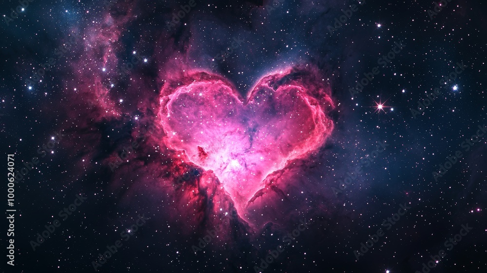 Striking heart-shaped nebula in pink and purple hues set against a dark cosmic backdrop with stars. Striking heart-shaped nebula in pink and purple hues set against a dark cosmic backdrop with stars.