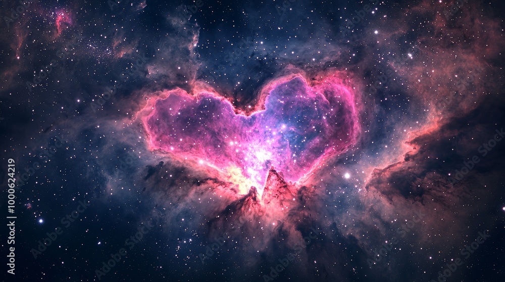 Striking heart-shaped nebula in pink and purple hues set against a dark cosmic backdrop with stars. Striking heart-shaped nebula in pink and purple hues set against a dark cosmic backdrop with stars.