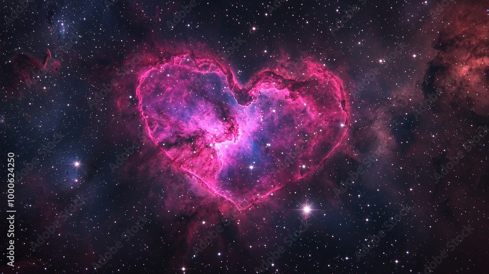 Striking heart-shaped nebula in pink and purple hues set against a dark cosmic backdrop with stars. Striking heart-shaped nebula in pink and purple hues set against a dark cosmic backdrop with stars.