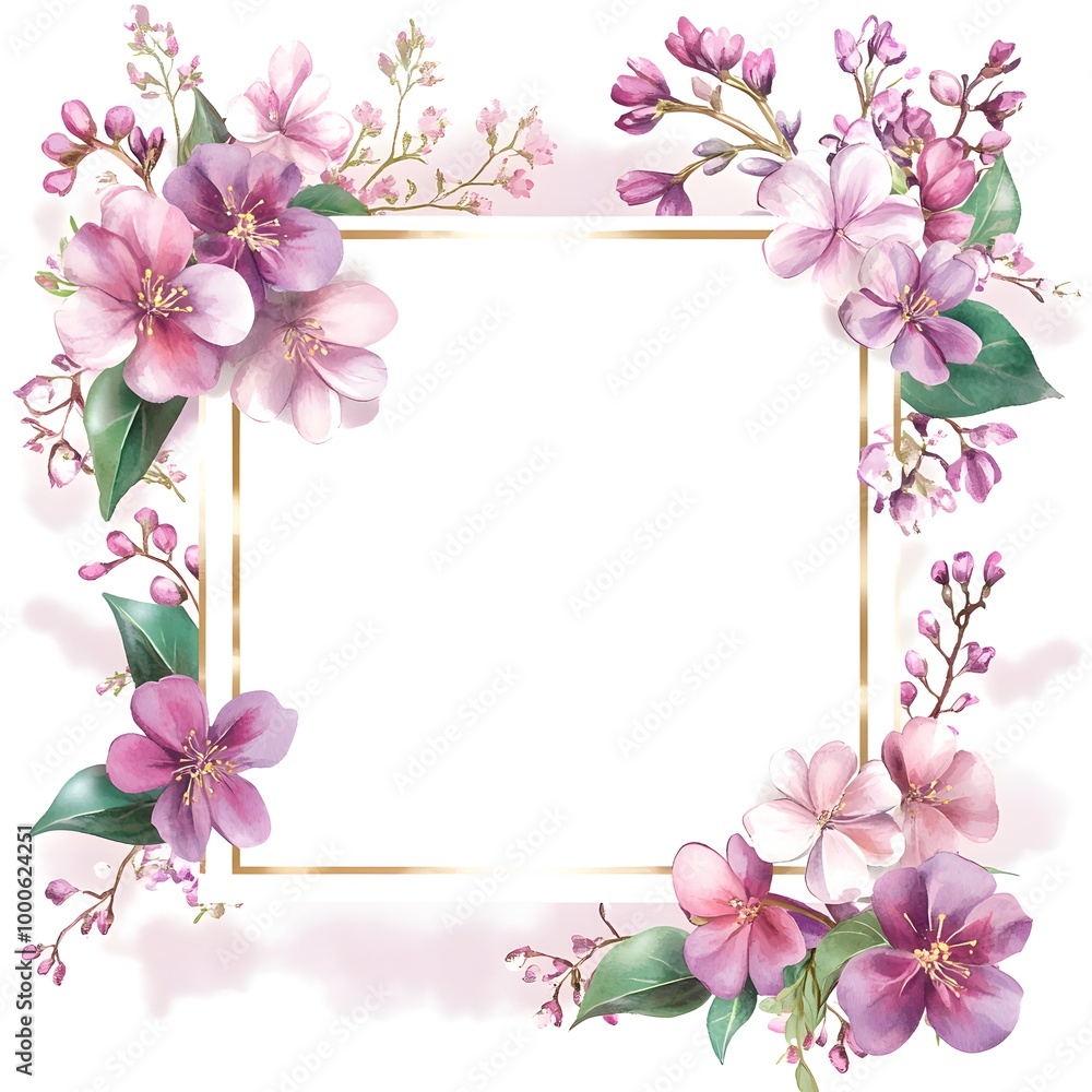 A square frame with watercolor pink and purple flowers A square frame with watercolor pink and purple flowers