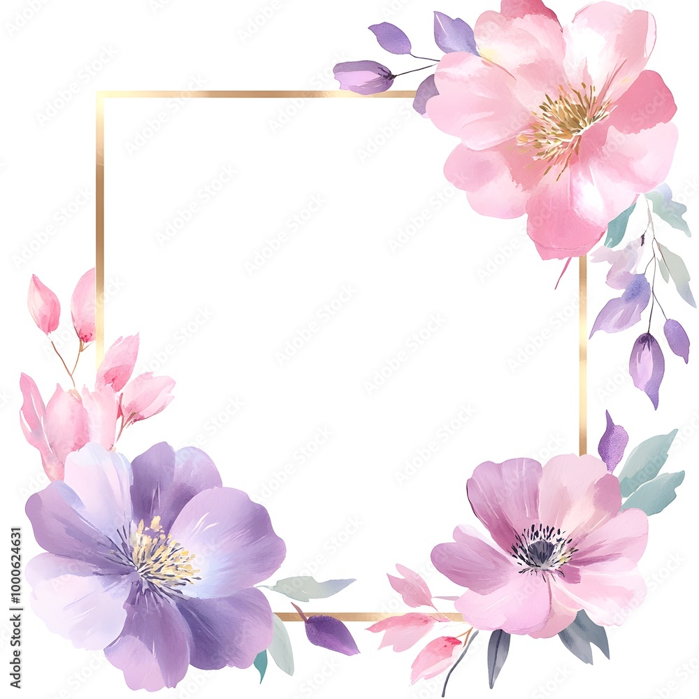 A square, blank white card with gold edges, surrounded by pink and purple flowers in a watercolor A square, blank white card with gold edges, surrounded by pink and purple flowers in a watercolor