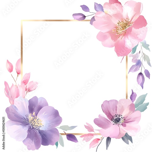 A square, blank white card with gold edges, surrounded by pink and purple flowers in a watercolor 