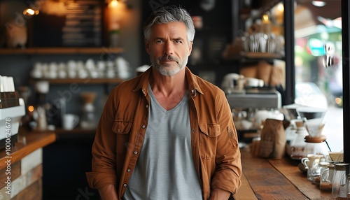 Charming mature man in casual attire poses confidently inside a cozy coffee shop