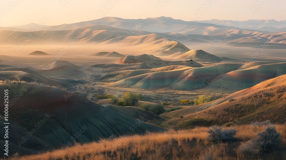 Obraz premium Sunrise over colorful Painted Hills in Oregon with golden light illuminating layered landscape for creating breathtaking panorama natural wonder and scenic beauty concept.