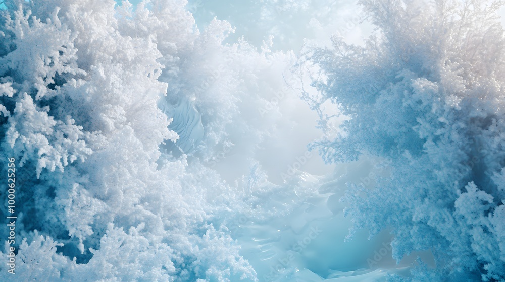 Fototapeta premium 2. An enchanting 3D rendering of an abstract winter scene, showcasing warped ice formations and frosted trees, enveloped in a soft, misty ambiance that evokes a sense of wonder