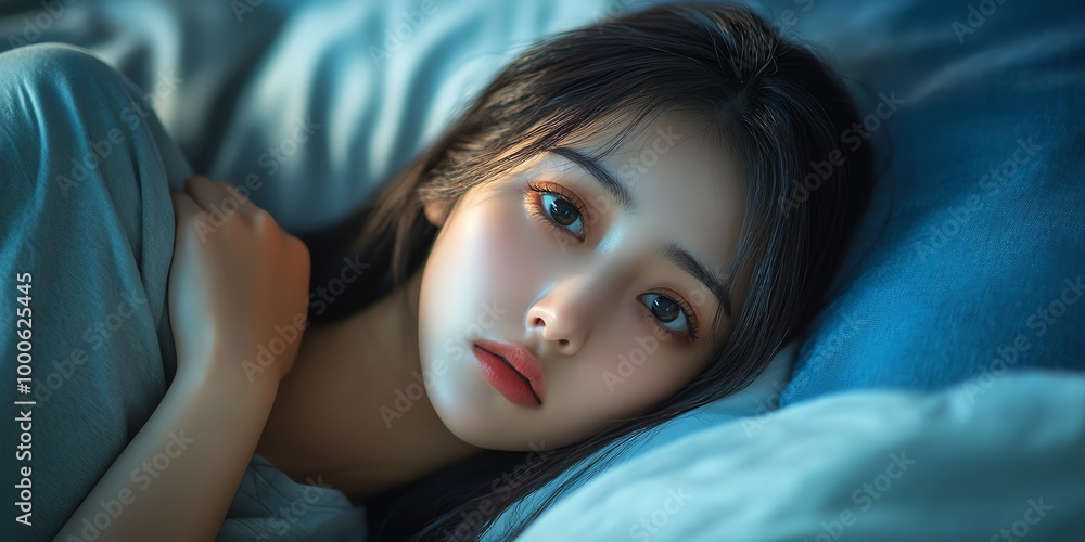 A young woman with long black hair lies in bed, her eyes closed in thought. A young woman with long black hair lies in bed, her eyes closed in thought.