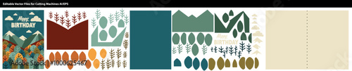  A layered nature-themed "Happy Birthday" card design featuring mountains, trees, and clouds, with editable elements for cutting machines. Great for DIY birthday cards or crafts.