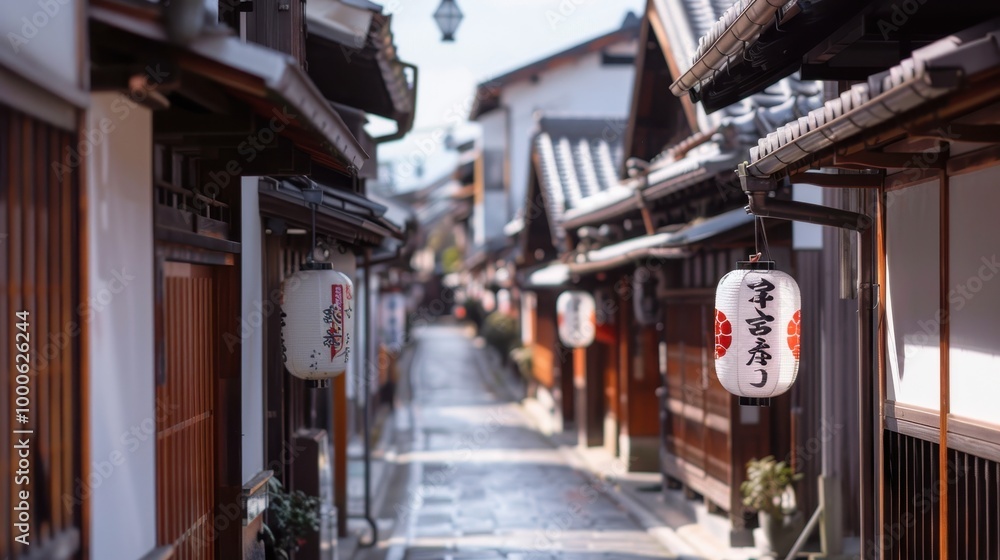 Naklejka premium Vibrant Urban Oasis, a lively Japanese-inspired cityscape with traditional architecture, serene gardens, bustling streets, and a harmonious blend of modernity and culture.