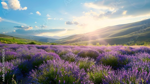Lavender field bathed in the golden light of sunset with mountains in the background.