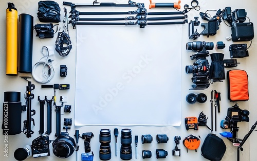 A layout of photography equipment, including cameras, lenses, tripods, and accessories, arranged for organization and planning. photo