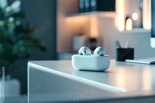 A pair of wireless earbuds in their case, placed on an office desk with a modern design and minimalist decor. The scene is captured from the front perspective Generated with AI