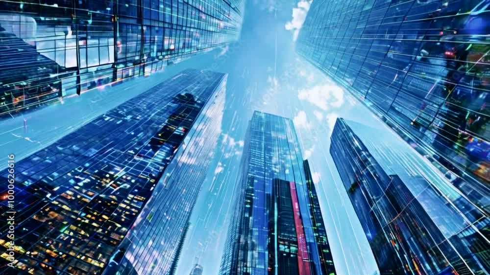 A dynamic view of skyscrapers reaching towards the sky with a blue and bright atmosphere. A dynamic view of skyscrapers reaching towards the sky with a blue and bright atmosphere.
