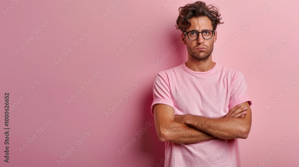 Portrait of a jaded young caucasian man isolated on pink background with copy space Portrait of a jaded young caucasian man isolated on pink background with copy space