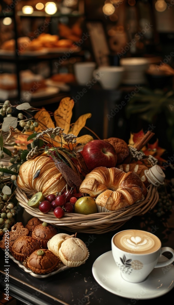 Cozy Coffee Shop with Cornucopia Centerpiece of Fresh Pastries, Muffins, Fruits, and Latte Art Coffee Cozy Coffee Shop with Cornucopia Centerpiece of Fresh Pastries, Muffins, Fruits, and Latte Art Coffee