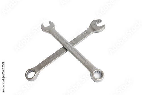 High angle view of crossed wrench combination wrench or spanner isolated on white background with clipping path.