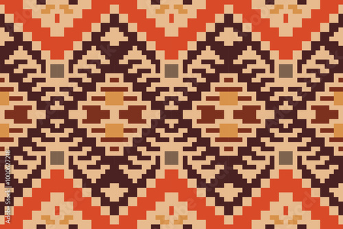 Pixel Ethnic Traditional Indian Melodic Patternfolk Embroidery, Aztec Geometric Ornament Print. Design for Carpet, Wallpaper, Clothing, Wrapping, Fabric