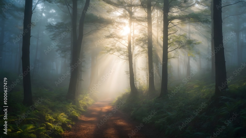 Naklejka premium Sunlight Filters Through Trees in a Misty Forest Creating a Serene Pathway at Dawn