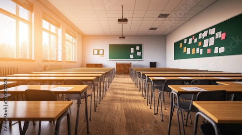 Serene Sunlit Classroom with Empty Desks and Chalkboard