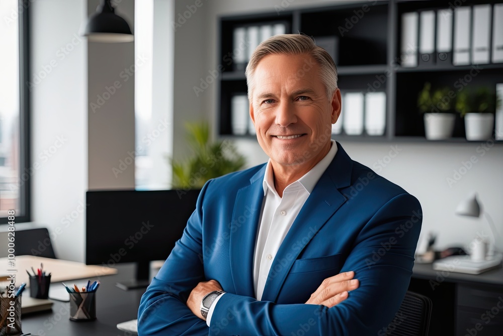 Confident Middle-Aged Business Strategist Professional Headshot in Creative Office Setting Confident Middle-Aged Business Strategist Professional Headshot in Creative Office Setting