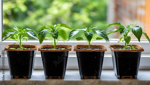 Fresh pepper seedlings growing in peat pots on a bright windowsill photo