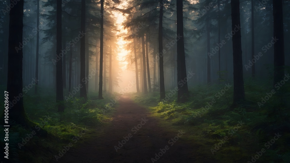 Obraz premium A Misty Forest Path Leading to a Bright Light at Dusk, Surrounded by Tall Trees and Lush Greenery