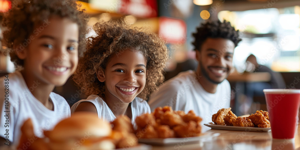 A family of happily eating at the fast-food restaurant, generative AI A family of happily eating at the fast-food restaurant, generative AI