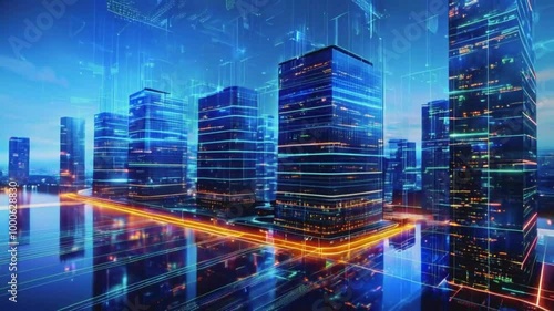 Wallpaper Mural Futuristic cityscape with illuminated skyscrapers and digital elements. Torontodigital.ca