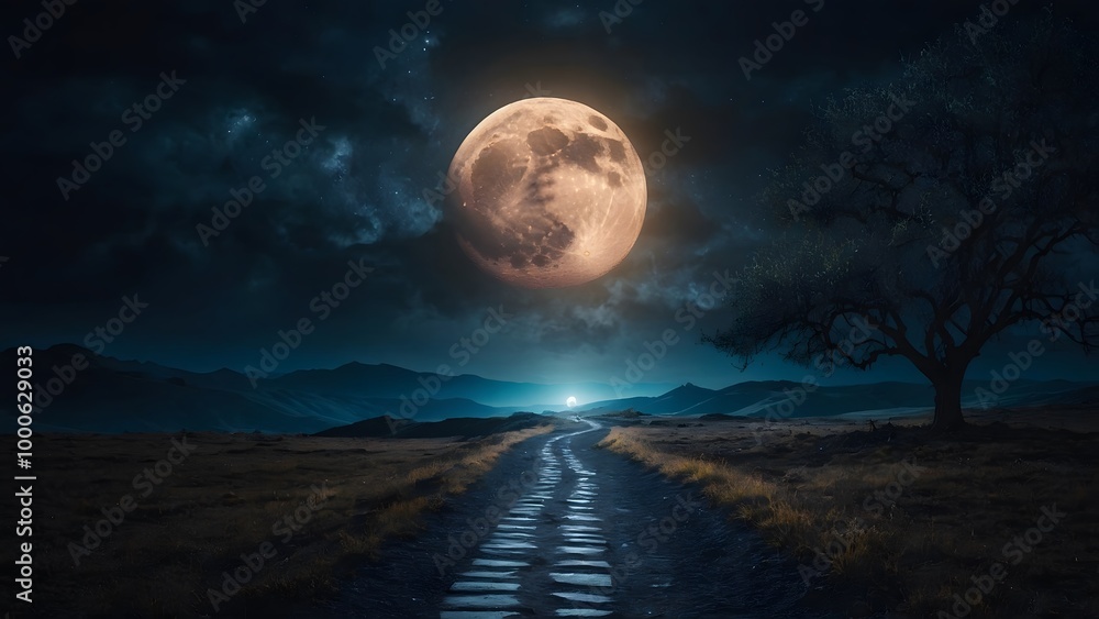 Fototapeta premium A Tranquil Nighttime Landscape Featuring a Bright Full Moon Illuminating a Winding Path Through the Countryside