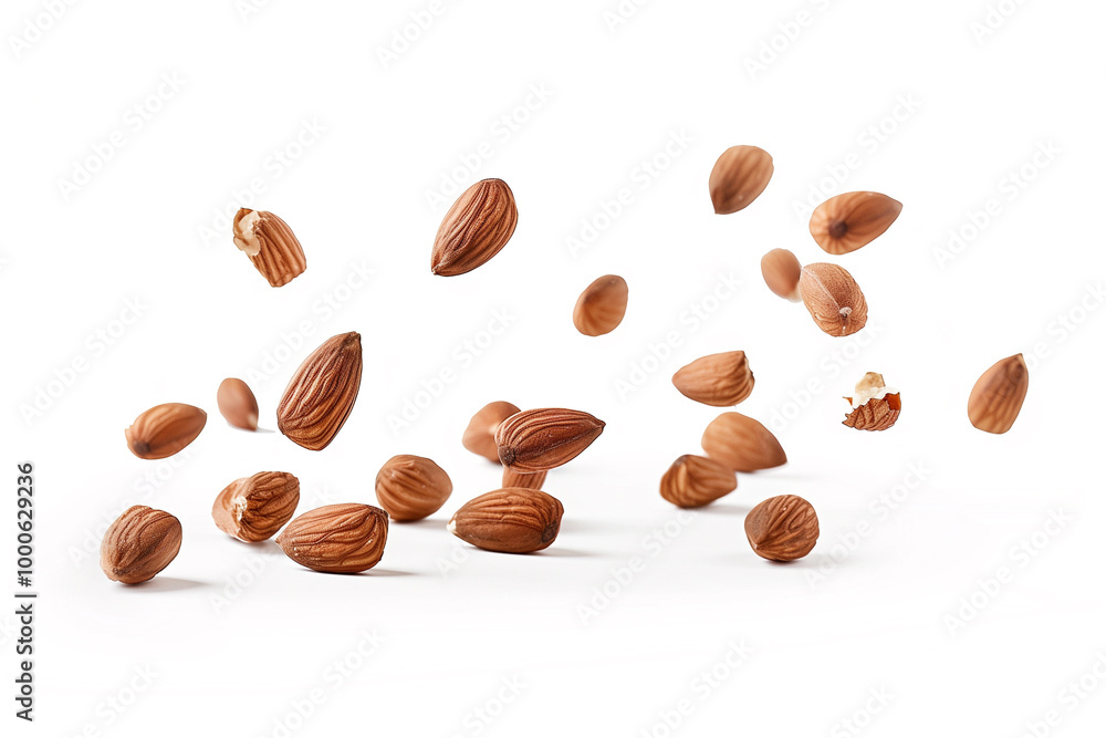 A graceful display of nuts floating and descending against clean white background A graceful display of nuts floating and descending against clean white background