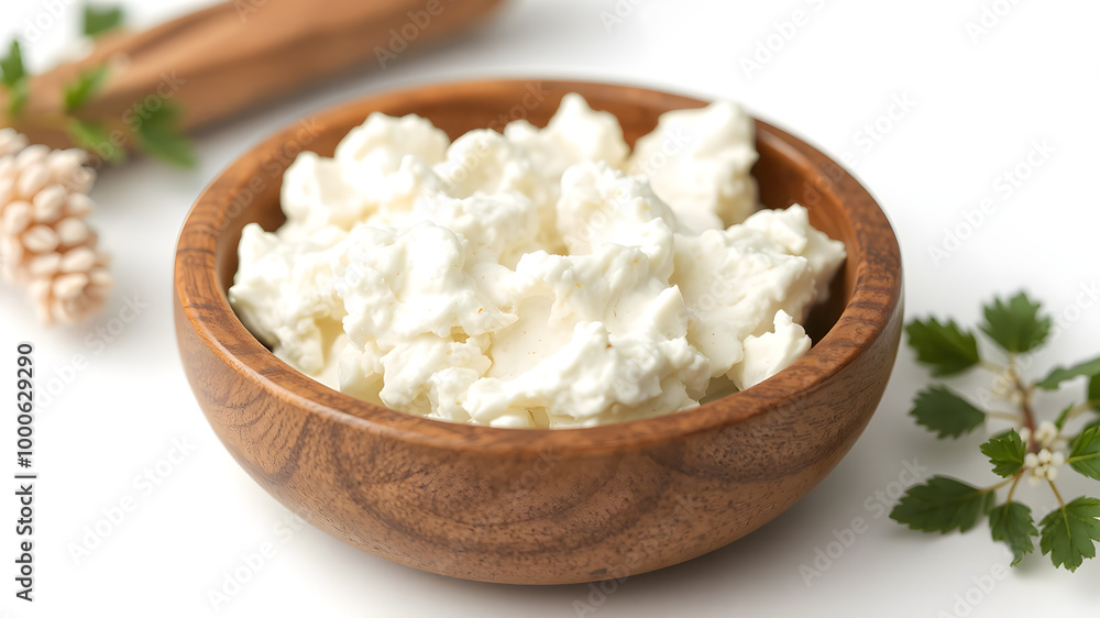 Fresh Creamy Cheese in Wooden Bowl Fresh Creamy Cheese in Wooden Bowl