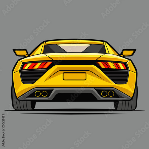 a sleek, minimalistic illustration of a luxury sports car viewed from the rear. The car is bright yellow with bold lines and sharp details, including twin exhausts and rear lights integrated.