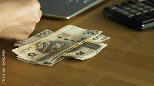 Female hands counting 200 polish zloty bills at the table - small business or house budget concept, close-up shot
