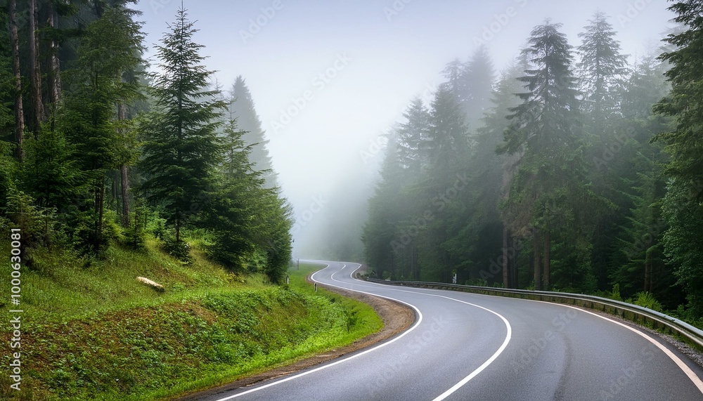 Winding road through foggy forest Winding road through foggy forest