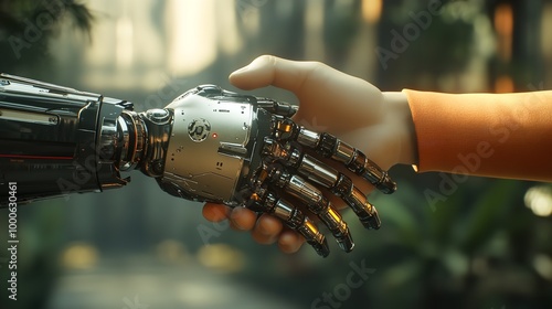 Close-up of cyborgs shaking hands. Machine learning and big data connection network in the intersection of science, innovation, and futurist. The concept of contemporary life.