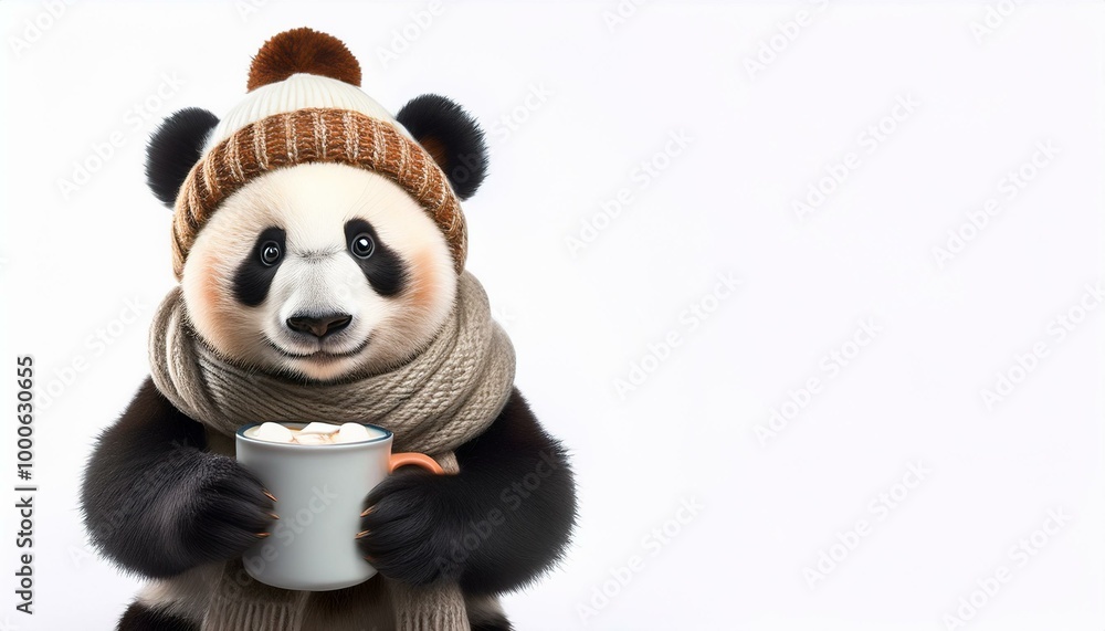 Panda in winter hat enjoys hot drink Panda in winter hat enjoys hot drink