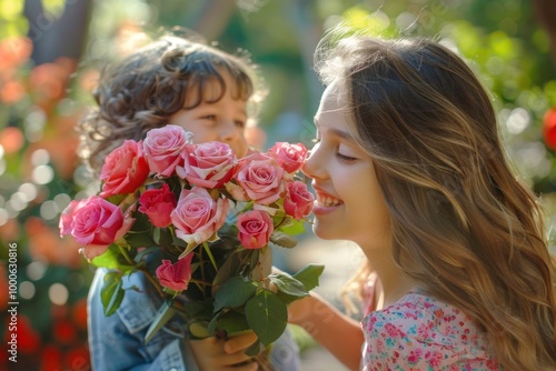 Mother and Child Enjoying a Bouquet of Pink Roses in a Garden, Happy Family Moment with Fresh Spring Flowers and Floral Photography