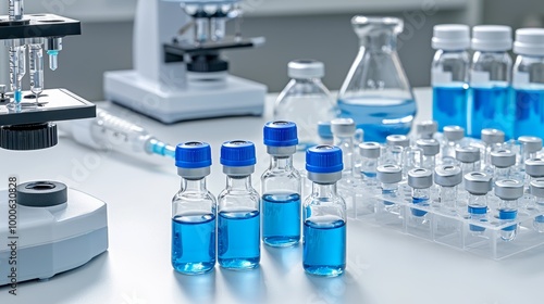 Laboratory Equipment with Blue Liquid Vials and Solutions