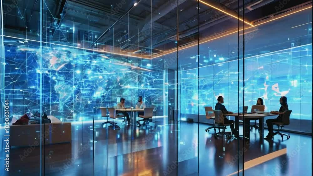 Modern office space with digital world map and collaborative workstations. Modern office space with digital world map and collaborative workstations.