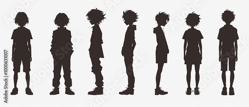 Anime character sheet silhouettes featuring a young student, showcasing diverse poses and expressions, ideal for character design reference and creative inspiration.