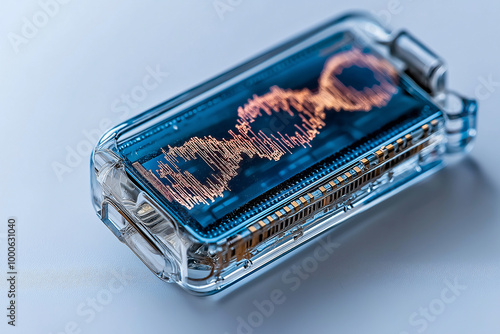 A biochip featuring holographic displays of genetic data, showcasing intricate waveforms and advanced technology. This innovative device represents future of genetic analysis and biotechnology photo