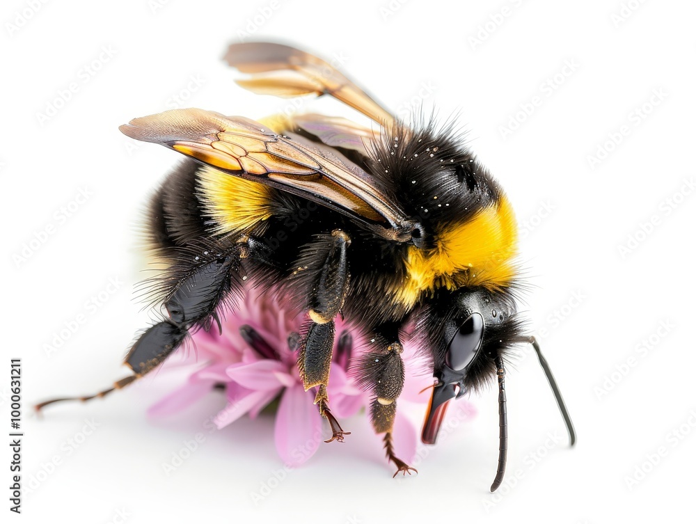 Close-up of a Bumble Bee on a Flower Isolated On White