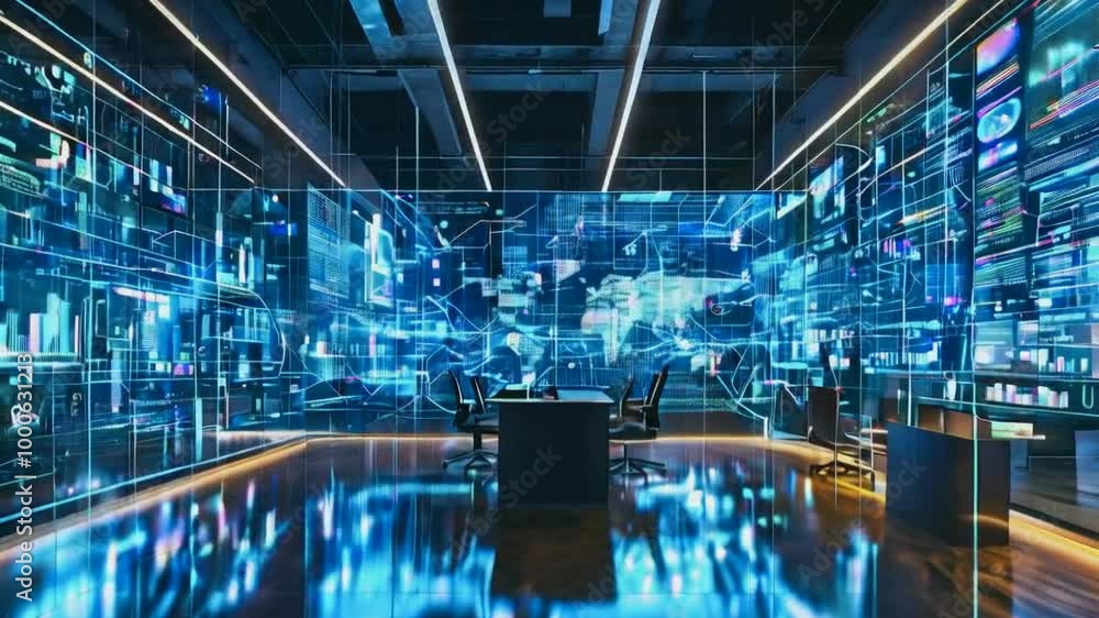 A modern conference room with digital displays and a world map, showcasing technology and data. A modern conference room with digital displays and a world map, showcasing technology and data.