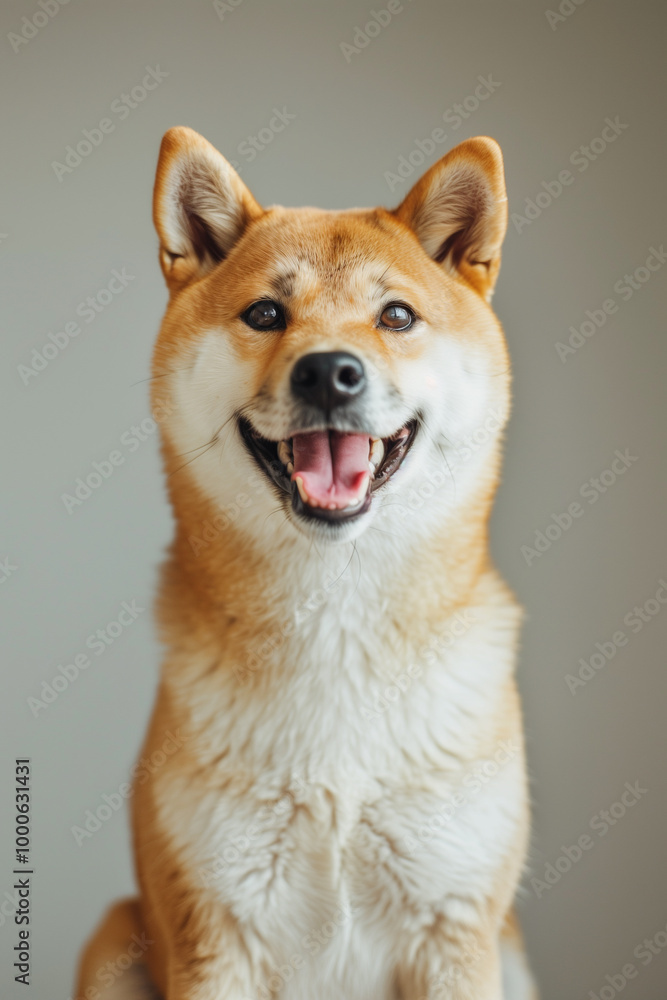 Cheerful shiba inu dog smiling against a soft pastel background for text Cheerful shiba inu dog smiling against a soft pastel background for text