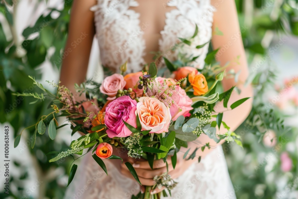 A woman is holding a bouquet of flowers in her hand, generative ai image A woman is holding a bouquet of flowers in her hand, generative ai image