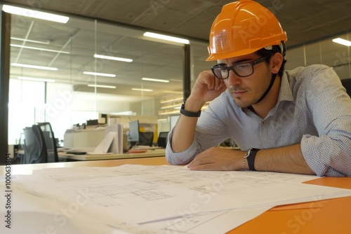 Focused Architect Wearing Helmet Studying Blueprints at Worksite with Copy Space photo