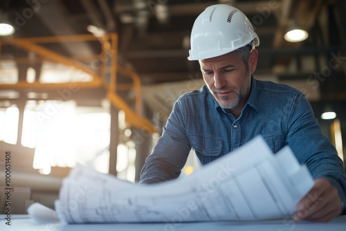 Architect Wearing Safety Helmet Studying Blueprints on Large Table with Focused Expression and Copy Space photo