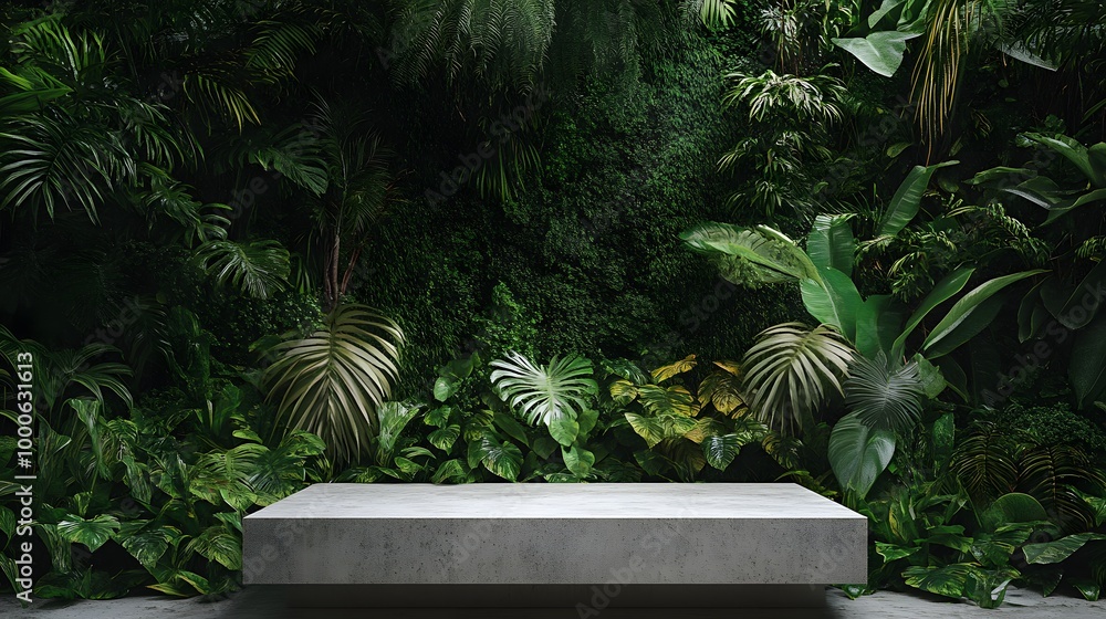 1. A sleek concrete podium set in a lush tropical forest, surrounded by vibrant green foliage and a textured green wall, creating an ideal backdrop for product presentation in a natural setting 1. A sleek concrete podium set in a lush tropical forest, surrounded by vibrant green foliage and a textured green wall, creating an ideal backdrop for product presentation in a natural setting
